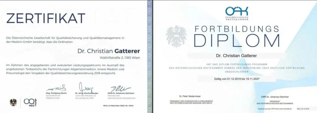 Lungenfacharzt 1180 Wien - Dr. Christian Gatterer - Zertifikat und Diplom